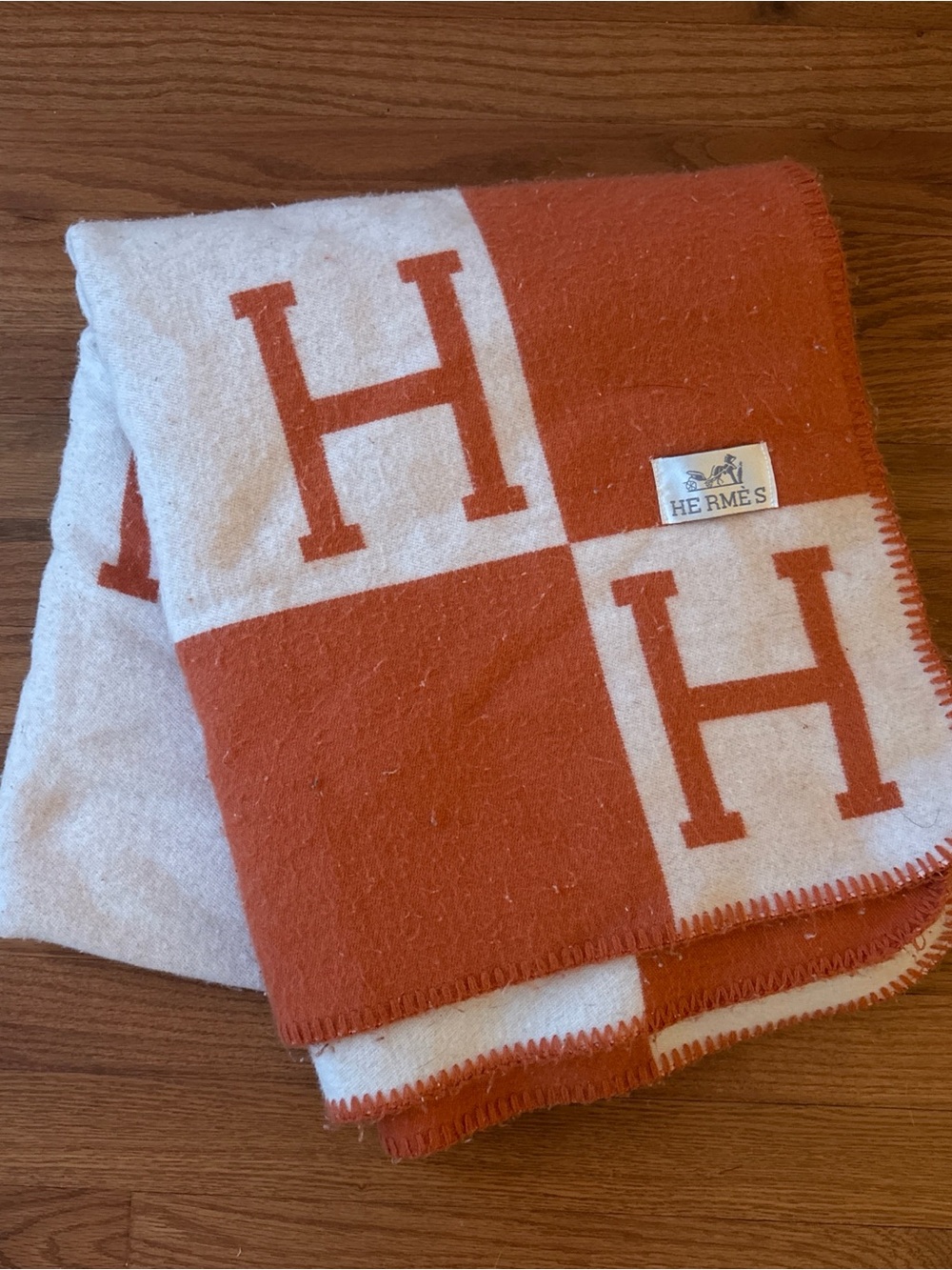 Hermes Orange and Cream 'H' Checker Wool Throw Blanket